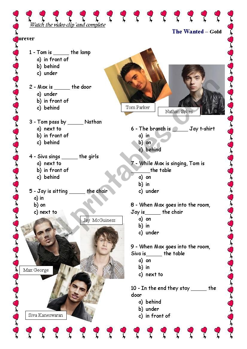 The Wanted â€“ Gold Forever - Song and Video Clip activity / Preposition of place