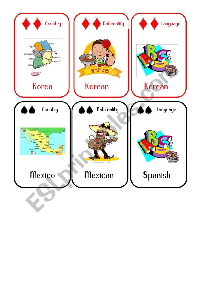 Countries and Nationalities Card Game 3 Korea Mexico