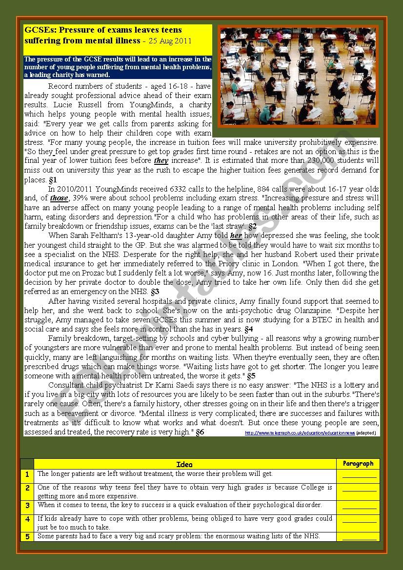 Teens and Exam Pressure worksheet