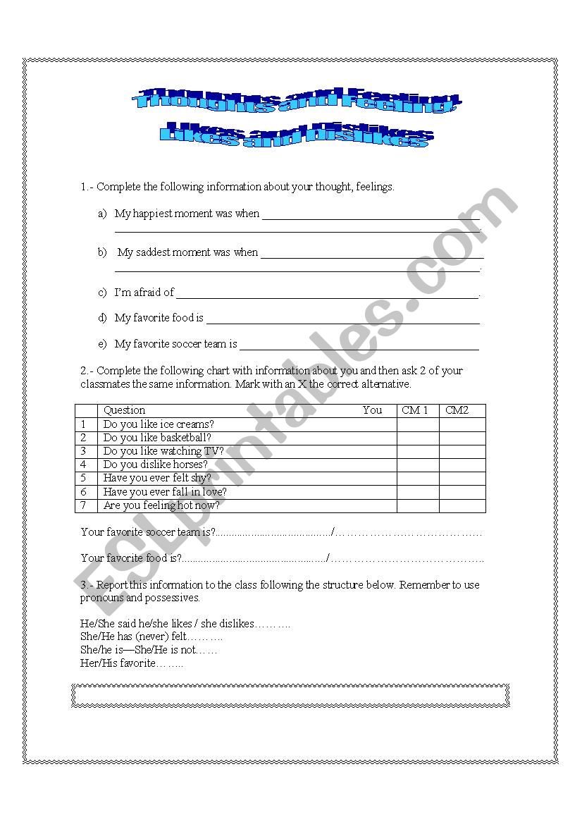 Likes and dislikes worksheet