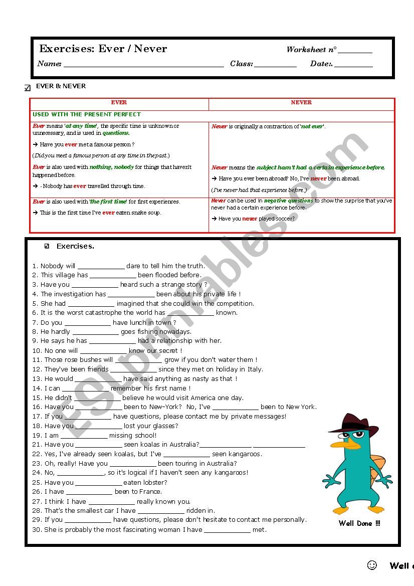 Ever And Never Esl Worksheet By Edu Thoreau