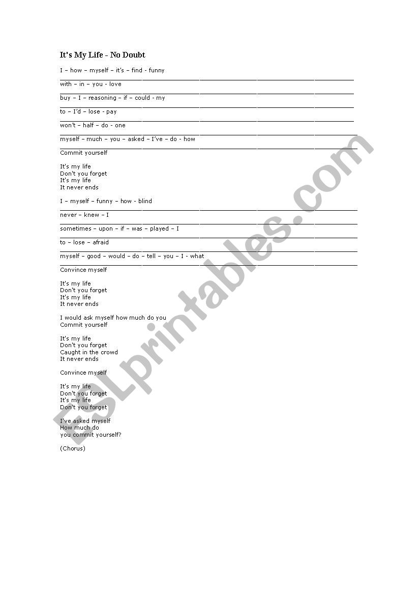 its my life song worksheet