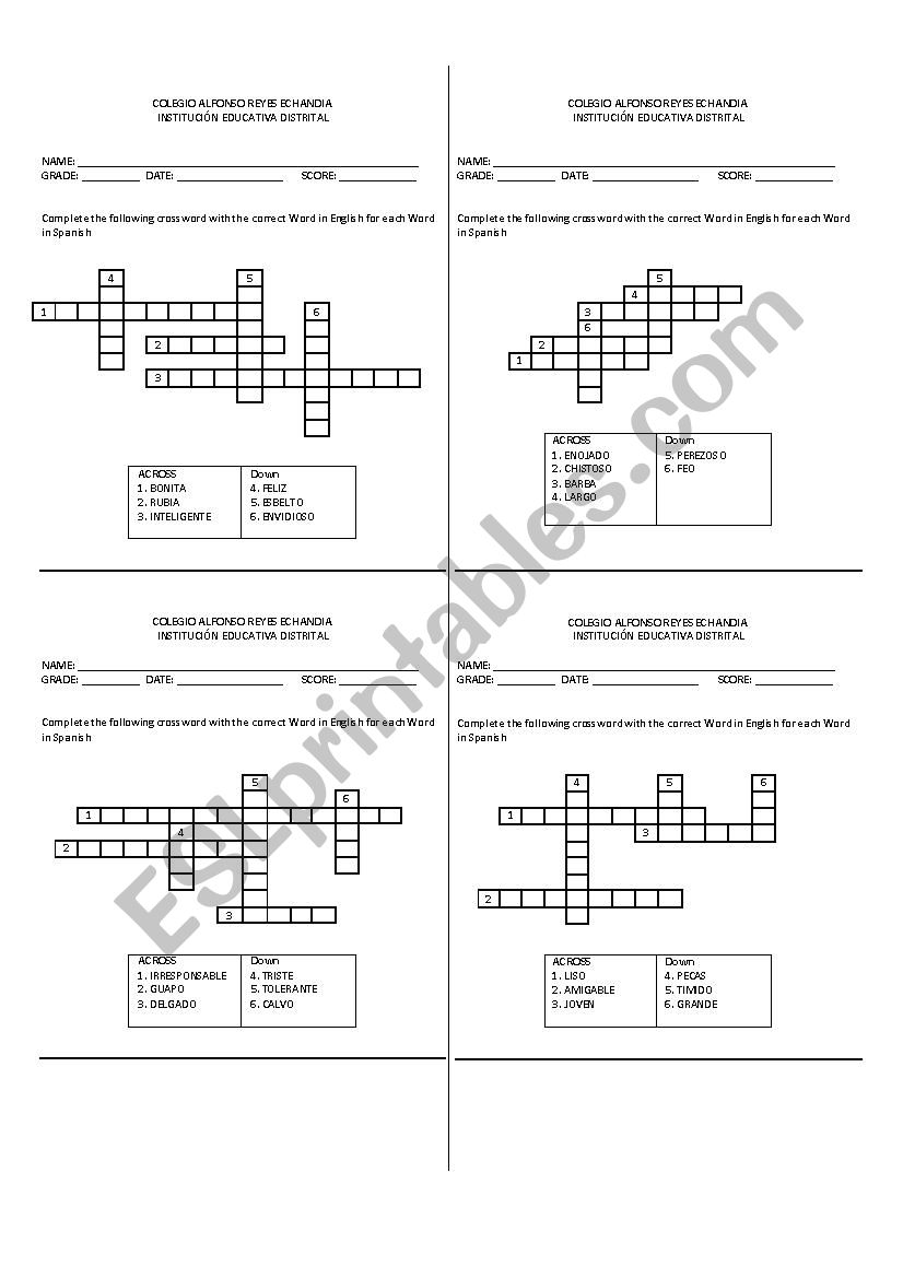 ADJECTIVES AND SOME DESCRIPTIVE NOUNS CROSSWORDS