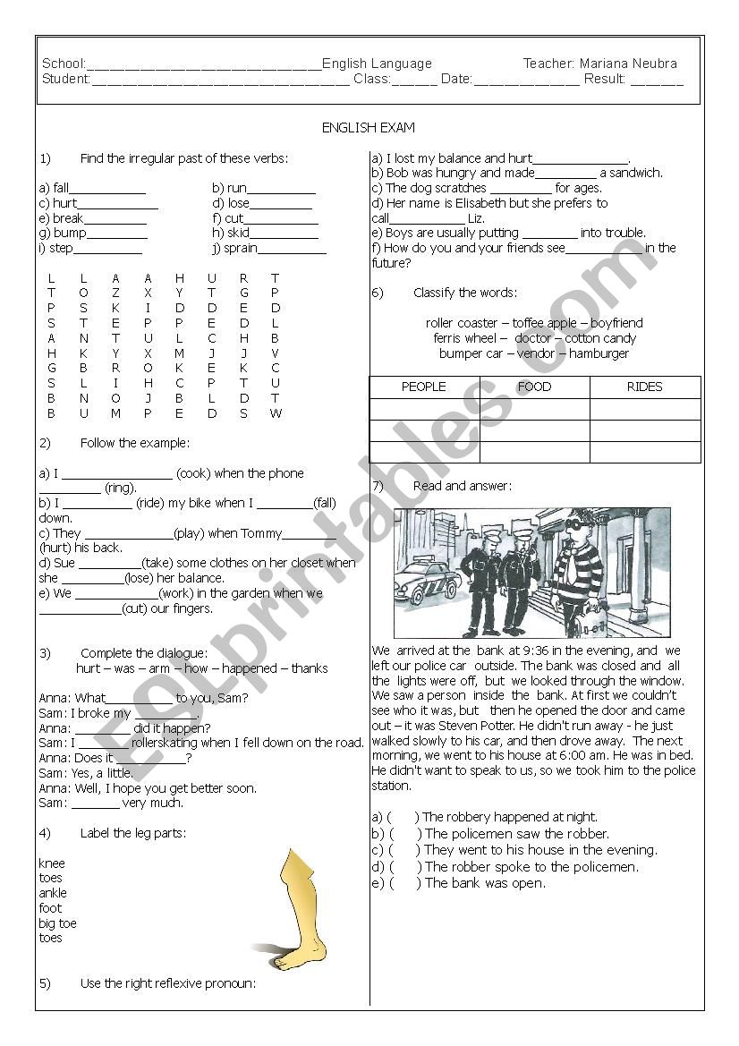 Test for the 9th year on body parts, irregular verbs, reflexive pronouns