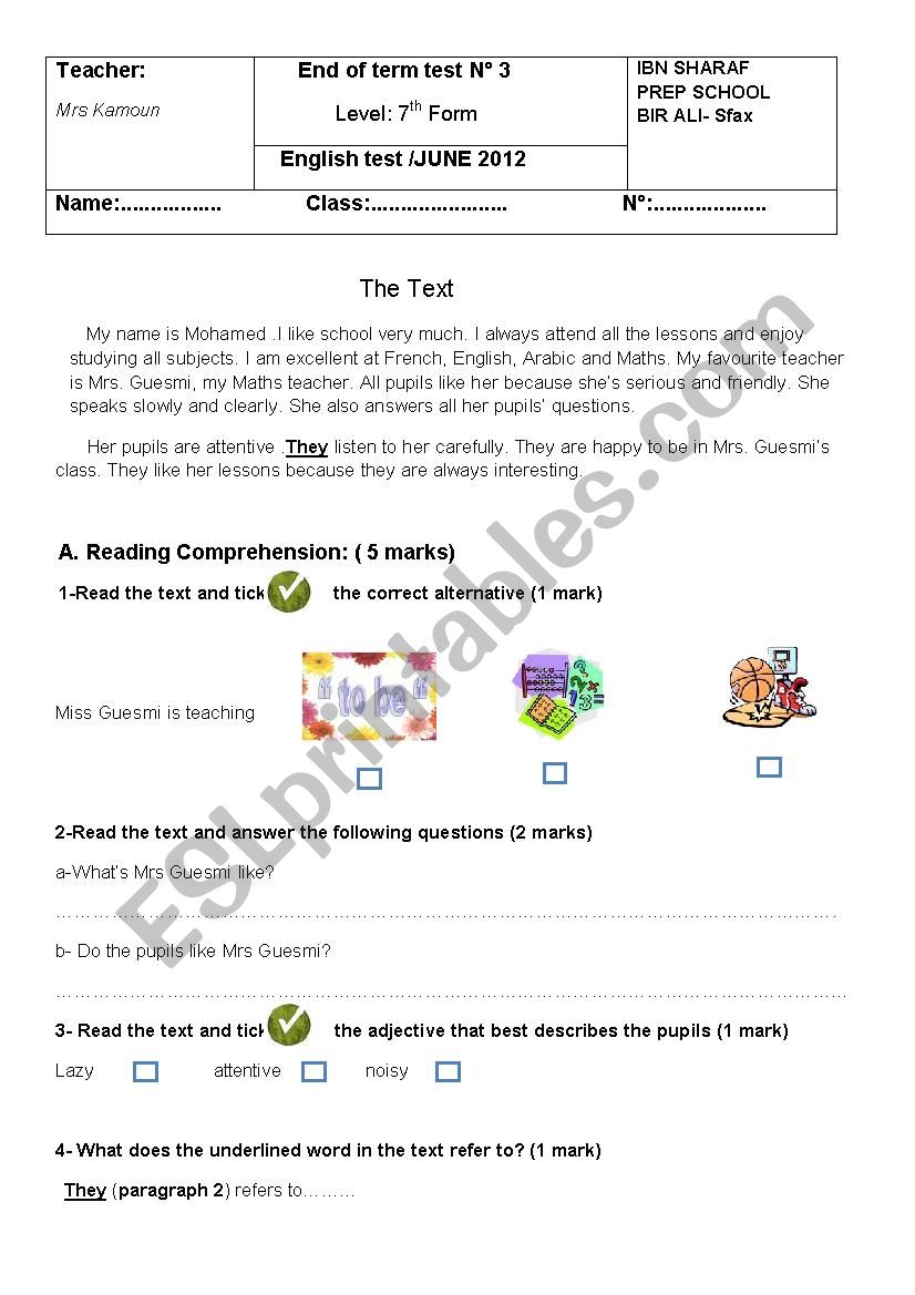 7th form:End of 3rd term test worksheet