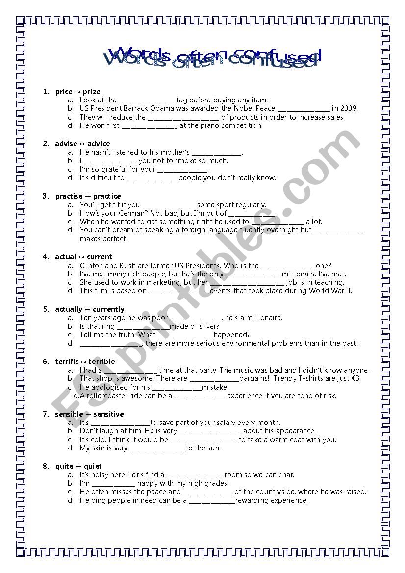 WORDS OFTEN CONFUSED worksheet