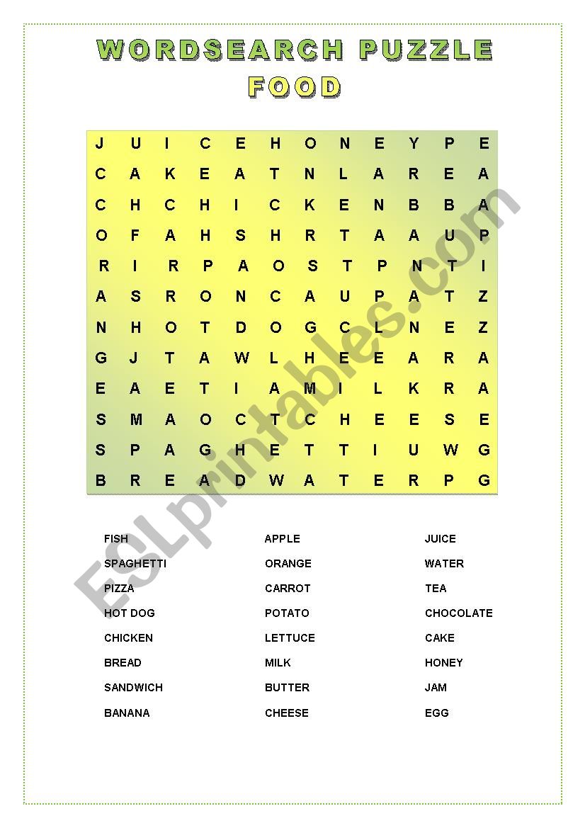 Wordsearch puzzle food worksheet