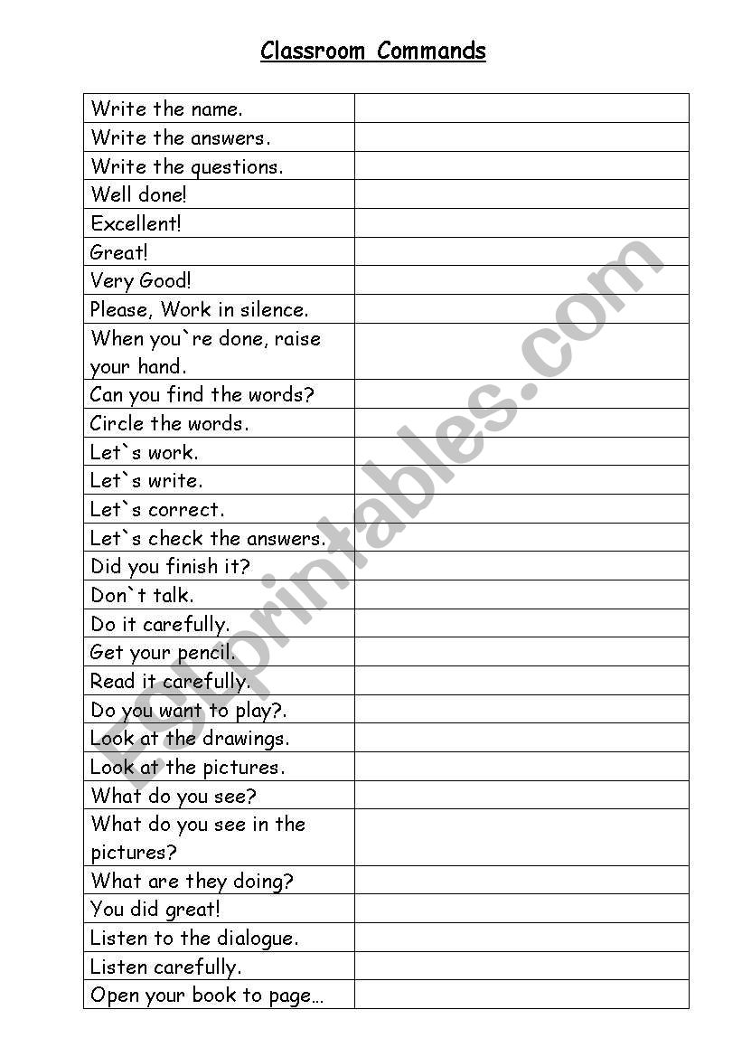 commands worksheet