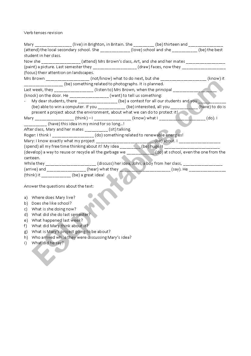 Verb tenses revision worksheet