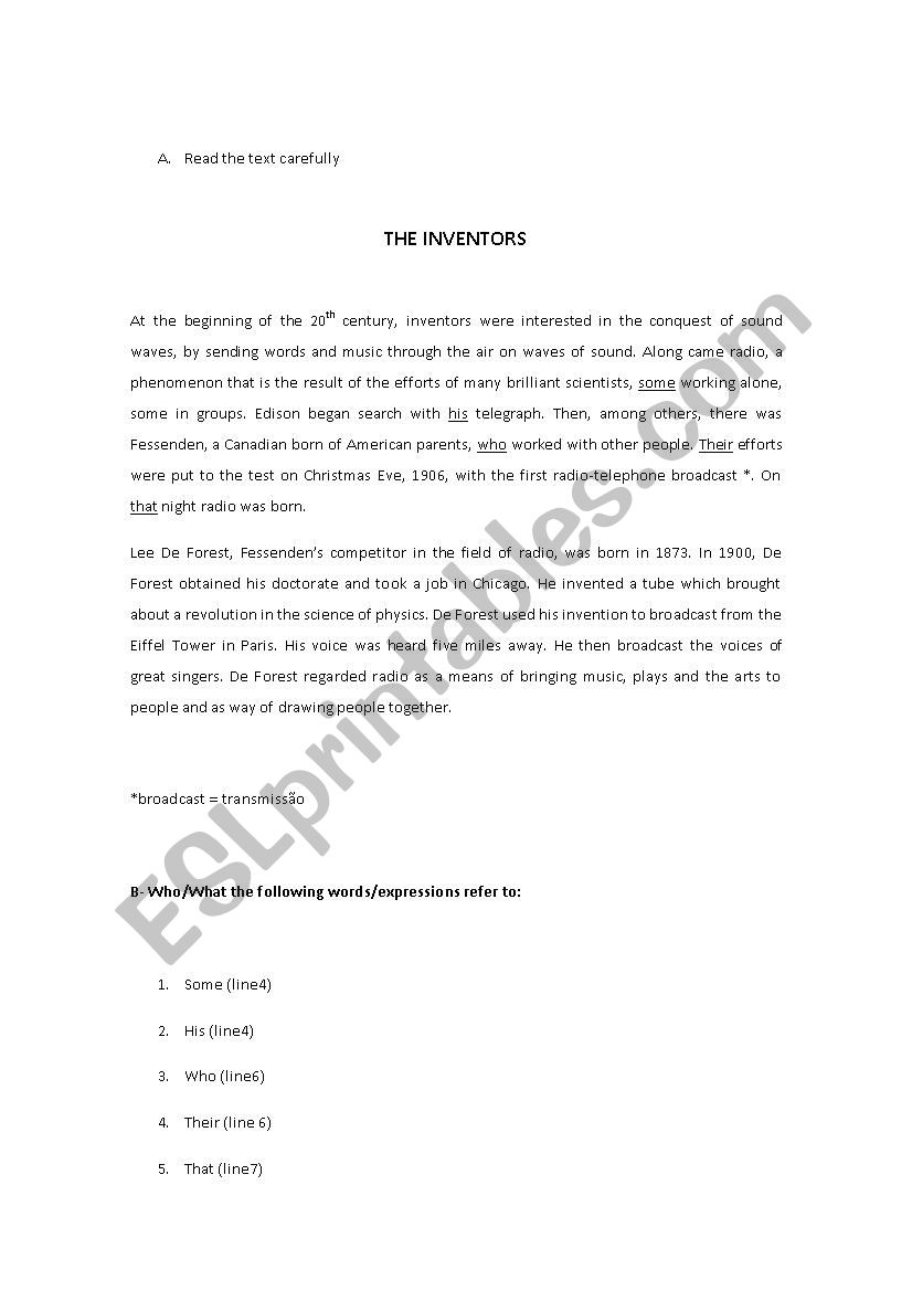 The inventors  worksheet