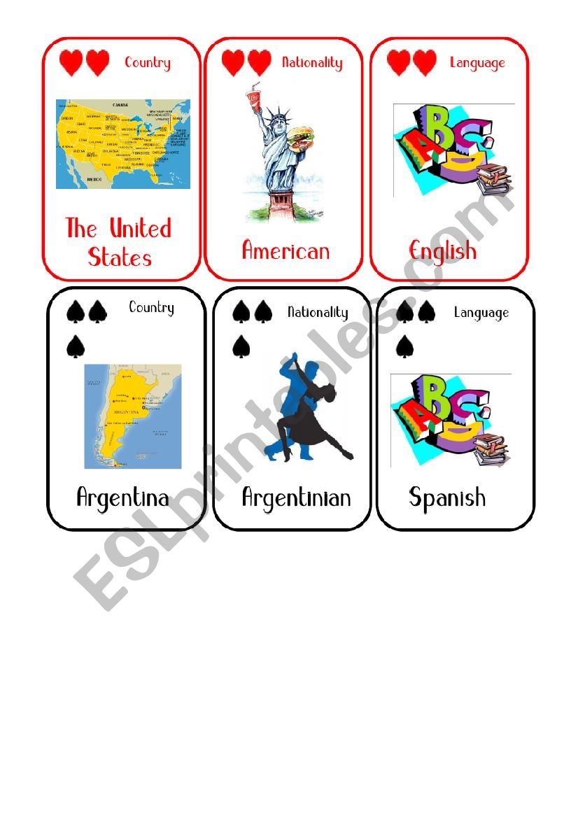 Countries and Nationalities Card Game 4 USA Argentina