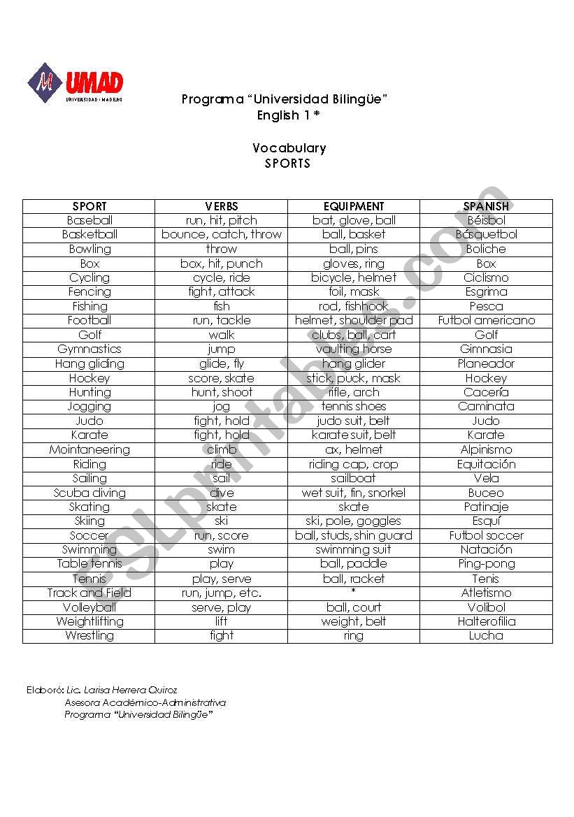 Sports worksheet