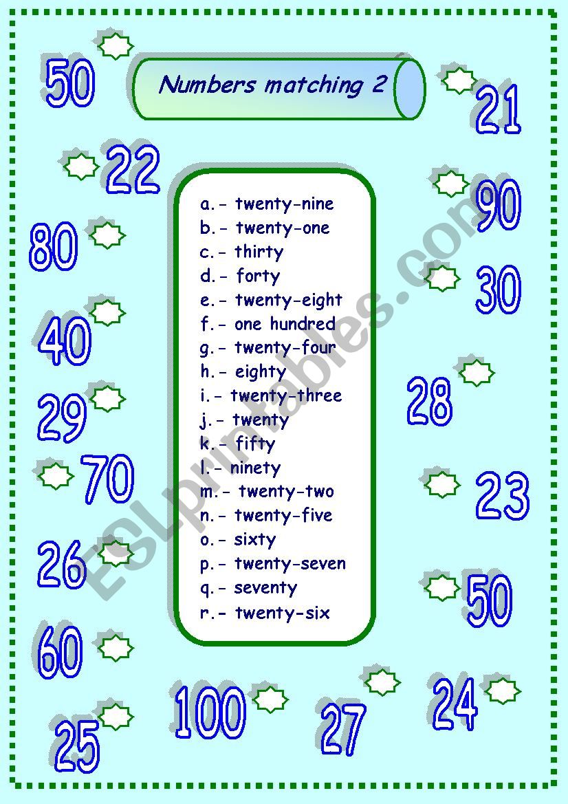 numbers matching 2 worksheet