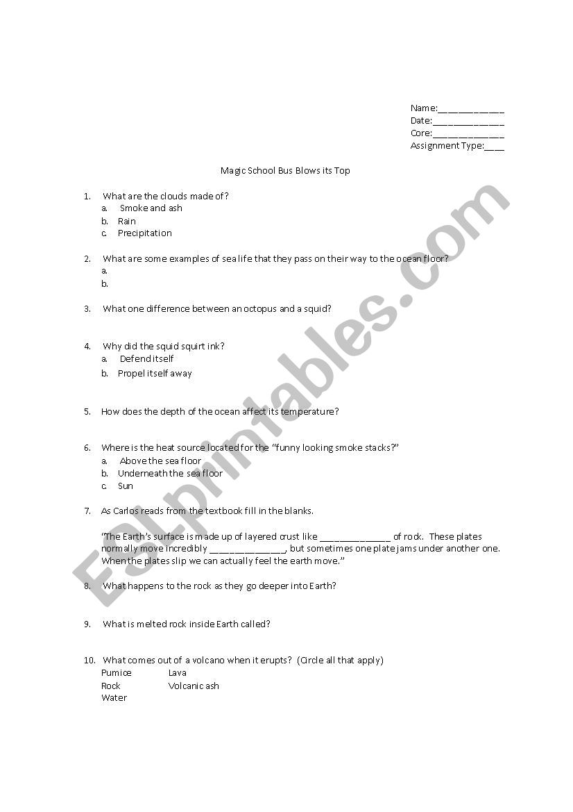 English worksheets: Volcanoes- The Magic School Bus Blows its Top Throughout Magic School Bus Worksheet
