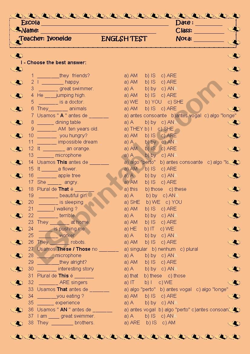 9th test review- verb to be - personal pronouns - indefinite article