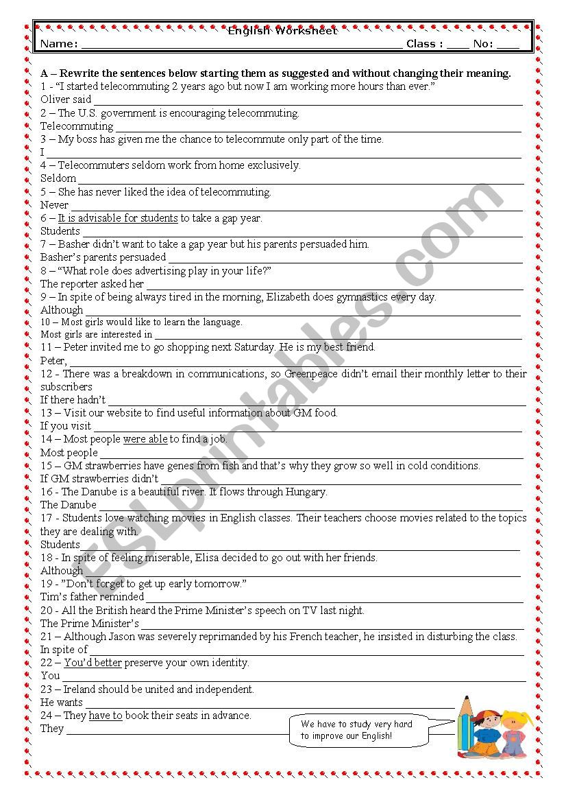 Rephrasing 3 (11th) (several grammar structures)(With KEY) 