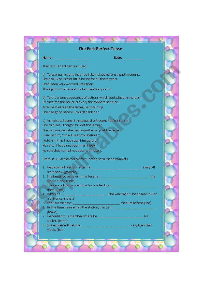 Past Perfect Tense ESL Worksheet By Estherng2001