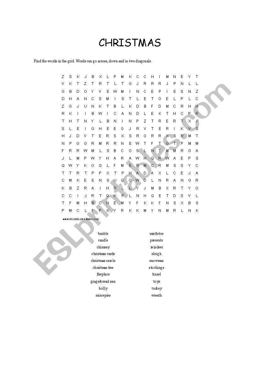 Christmas word search worksheet