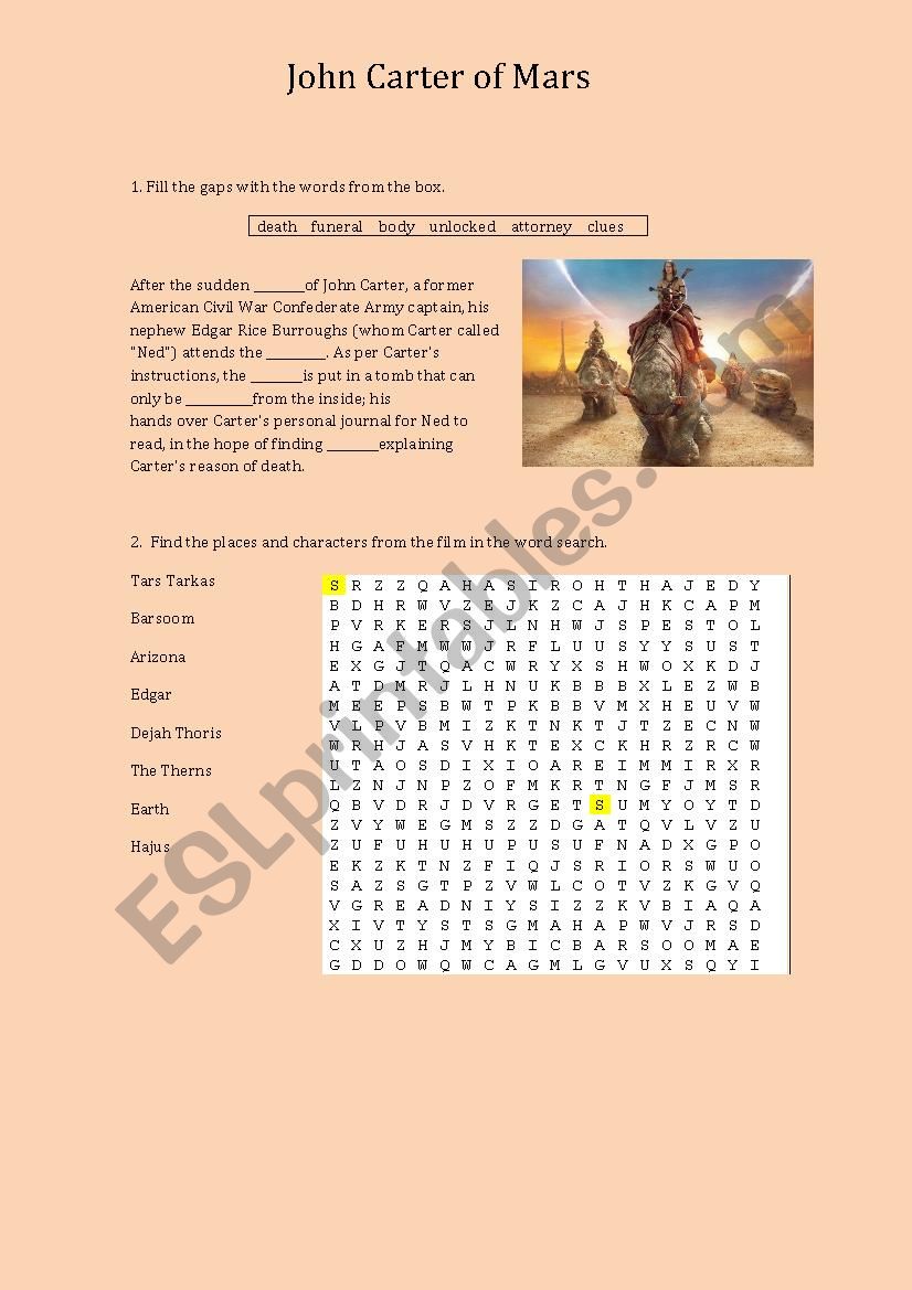 John Carter of Mars worksheet (after watching)