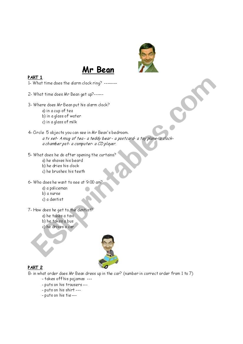Mr Bean goes to the dentists worksheet