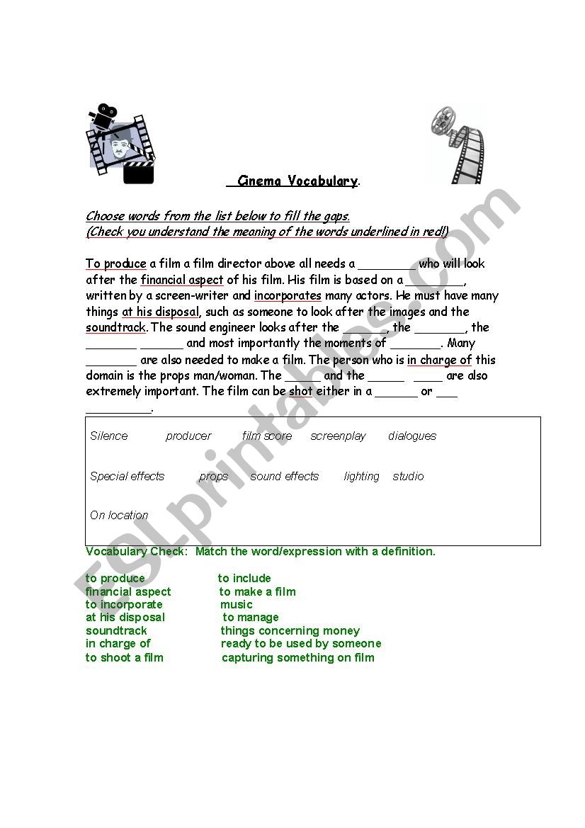 useful cineam vocabulary  worksheet