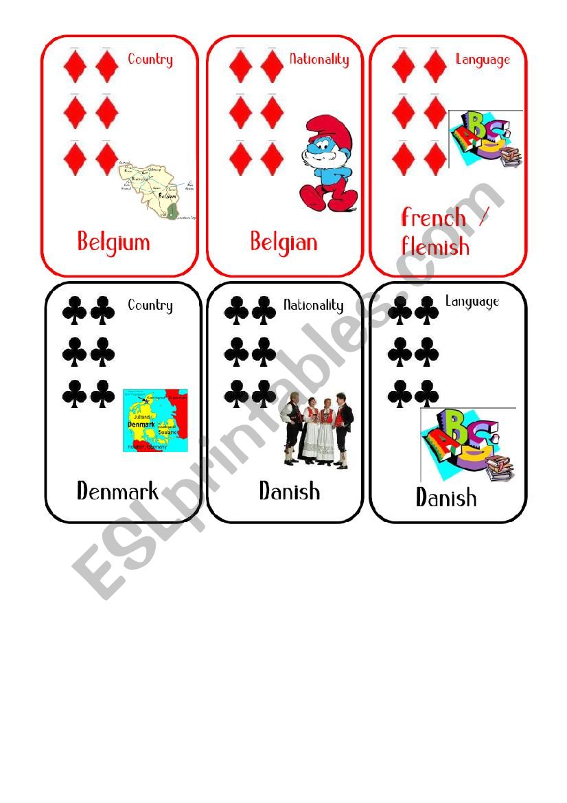 Countries and Nationalities Card Game 9 Belgium Denmark