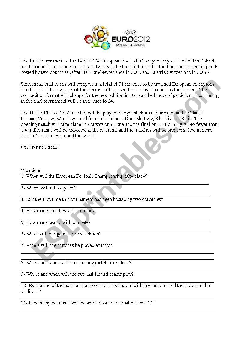 UEFA Euro 2012 football  worksheet