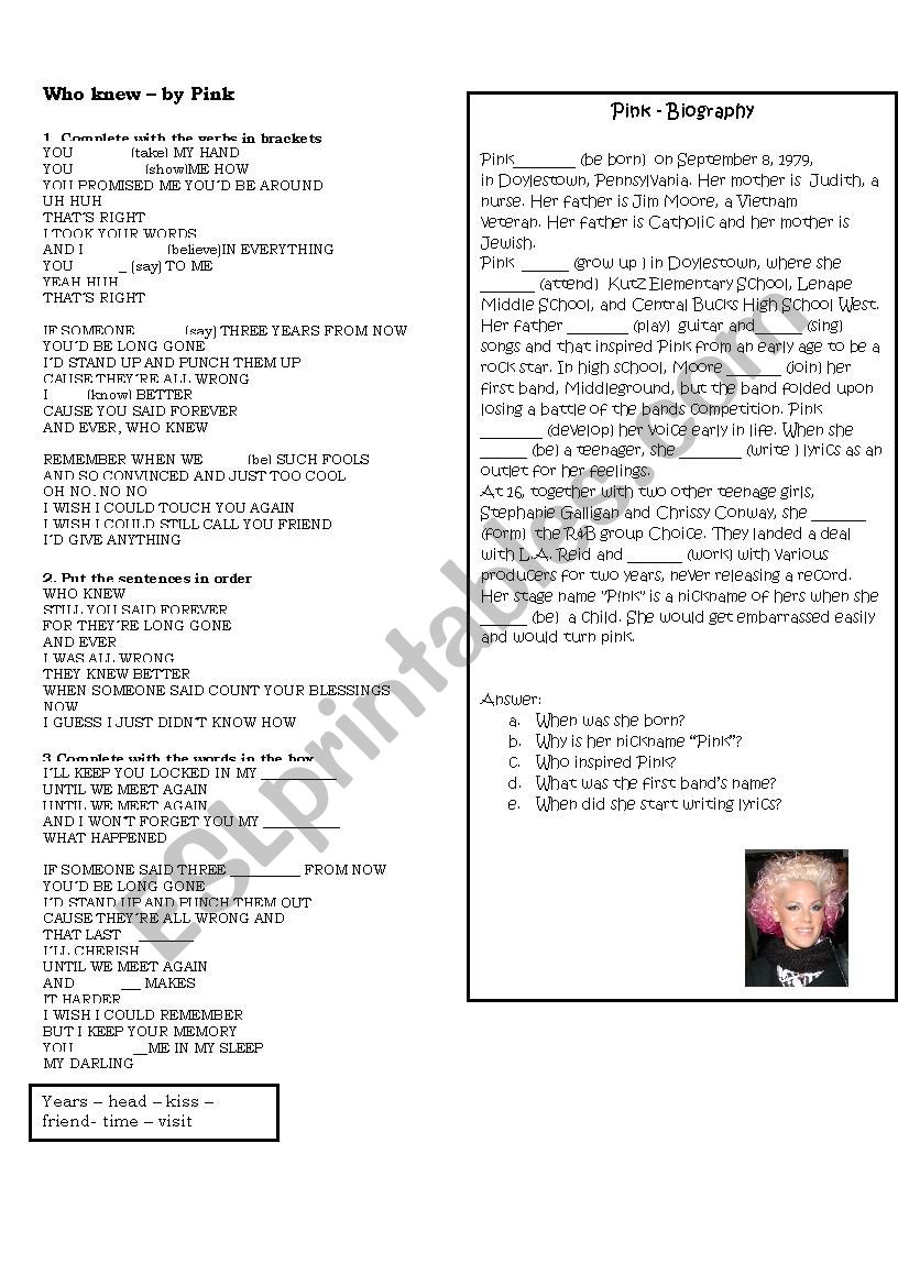 Past simple - song who knew worksheet