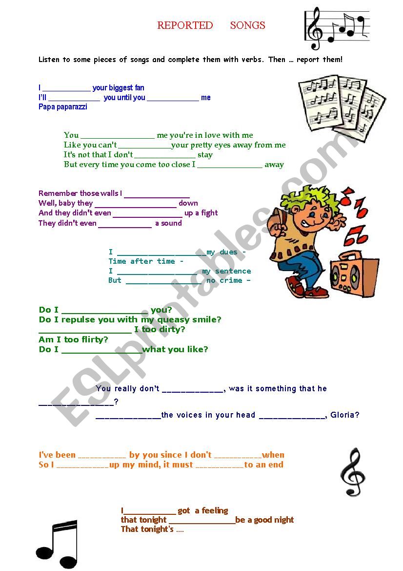 Reported Songs worksheet