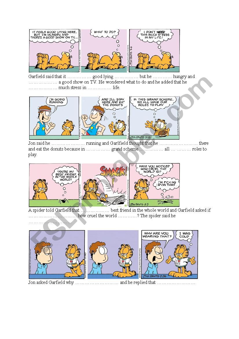 reported speech worksheet garfield