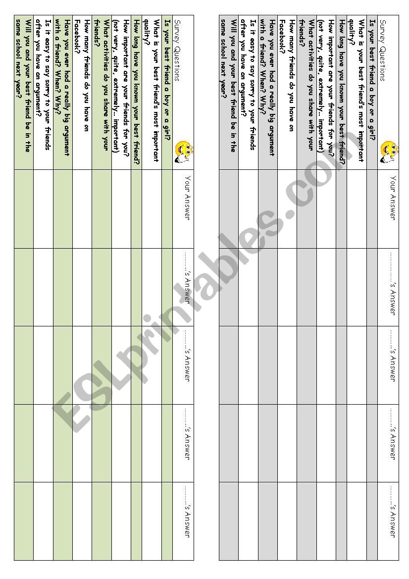 Friends survey worksheet