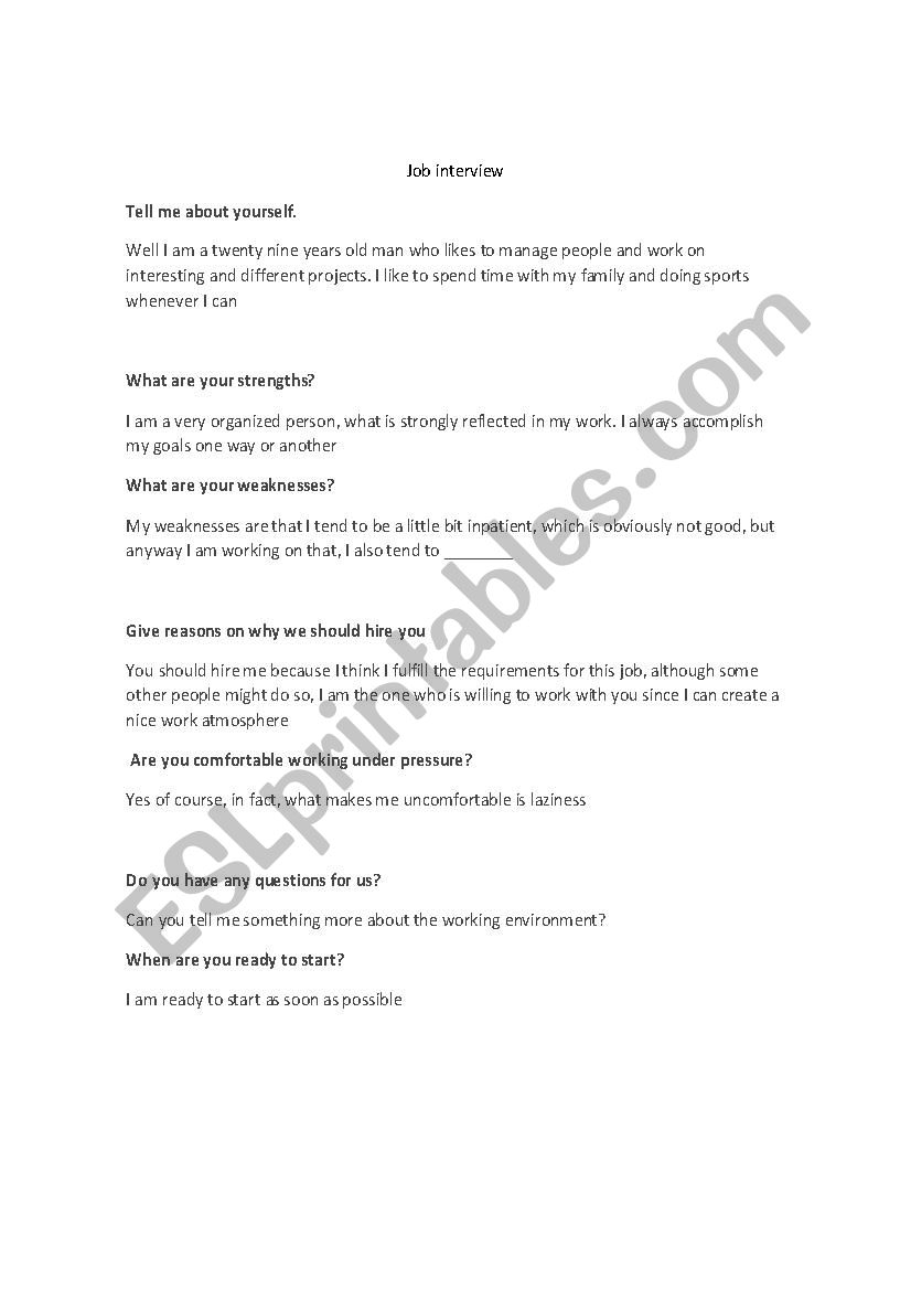 job interview worksheet