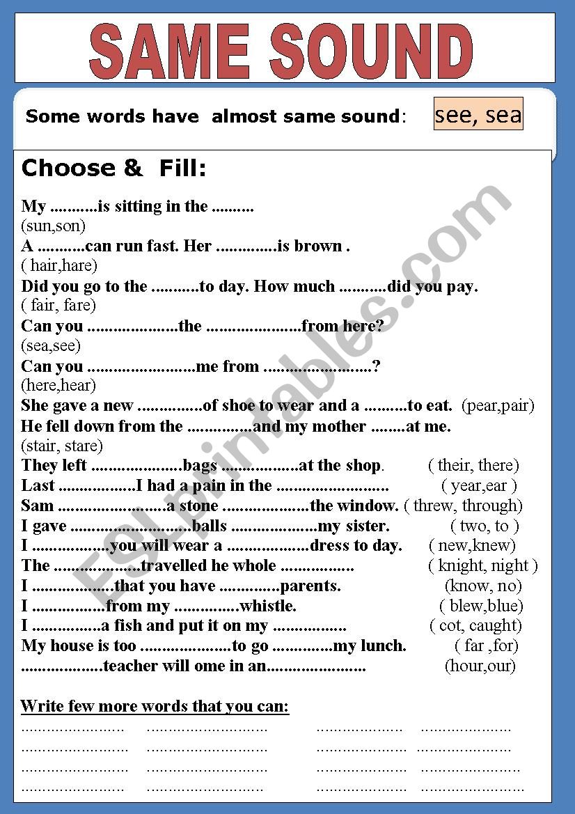 Words of same sound worksheet