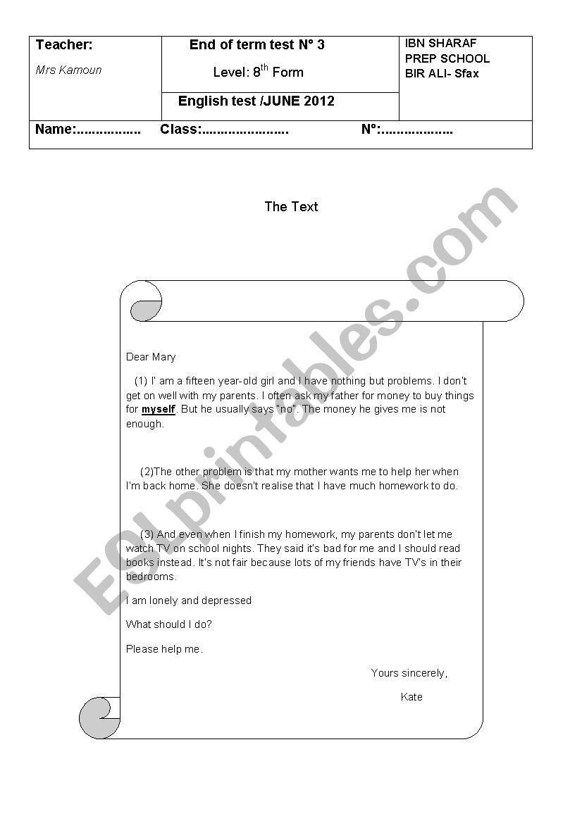 8th  test form  worksheet