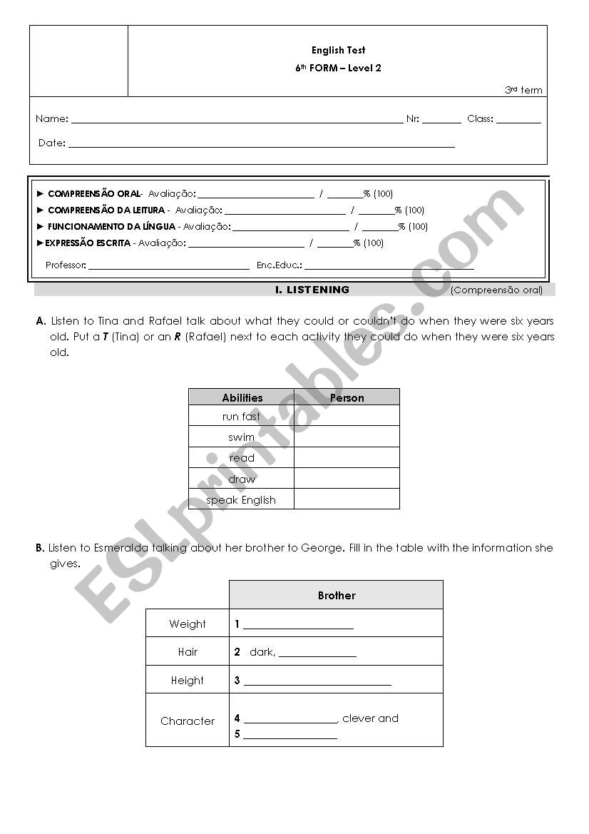Written test 6th form worksheet
