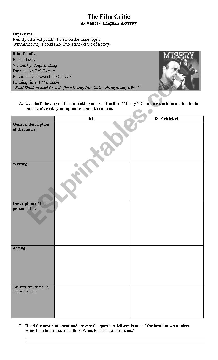 Misery - Film Activity worksheet