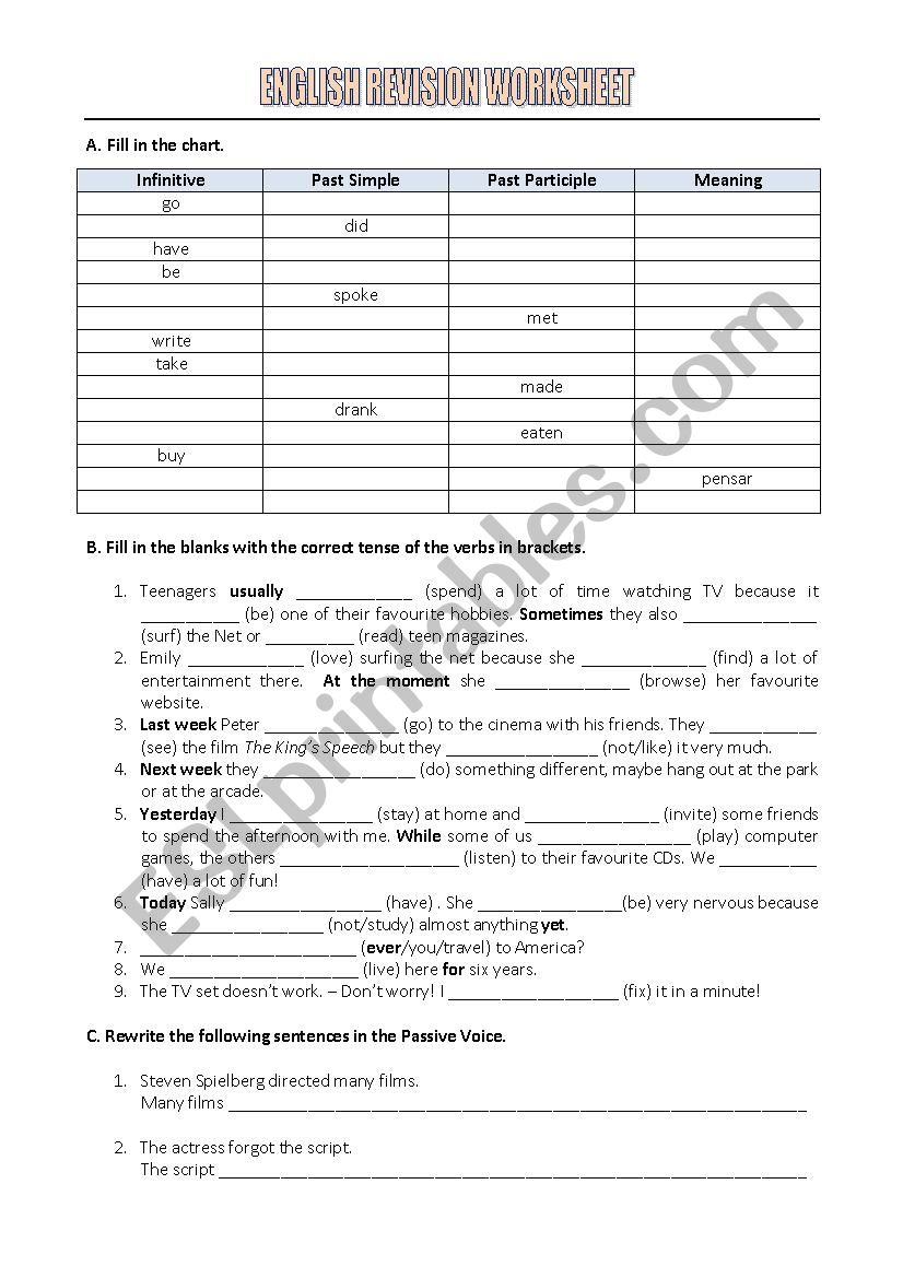 Grammar revision worksheet worksheet