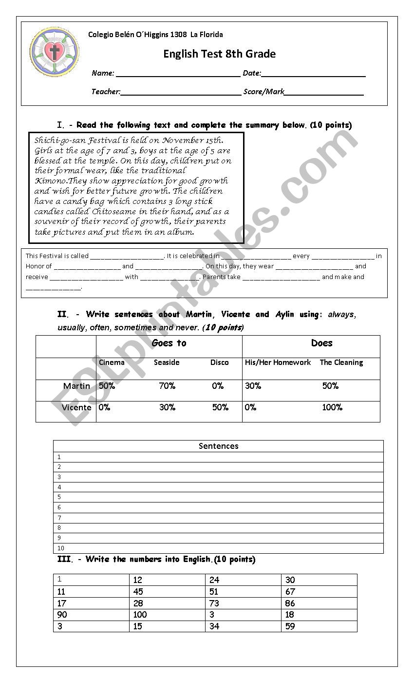 English test 8th grade worksheet