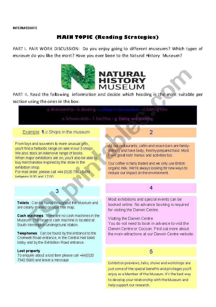 NATURAL HISTORY MUSEUM. READING STRATEGIES (Scanning for main topic)