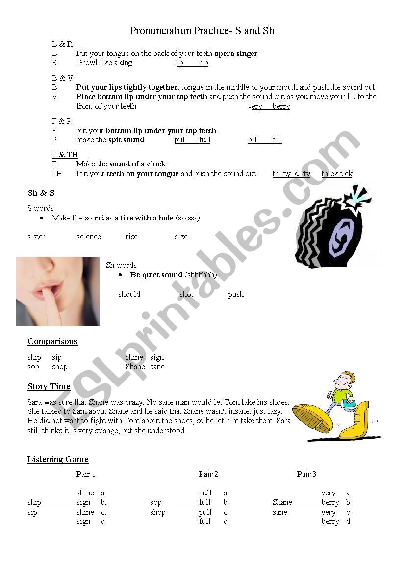 S and Sh Pronunciation worksheet