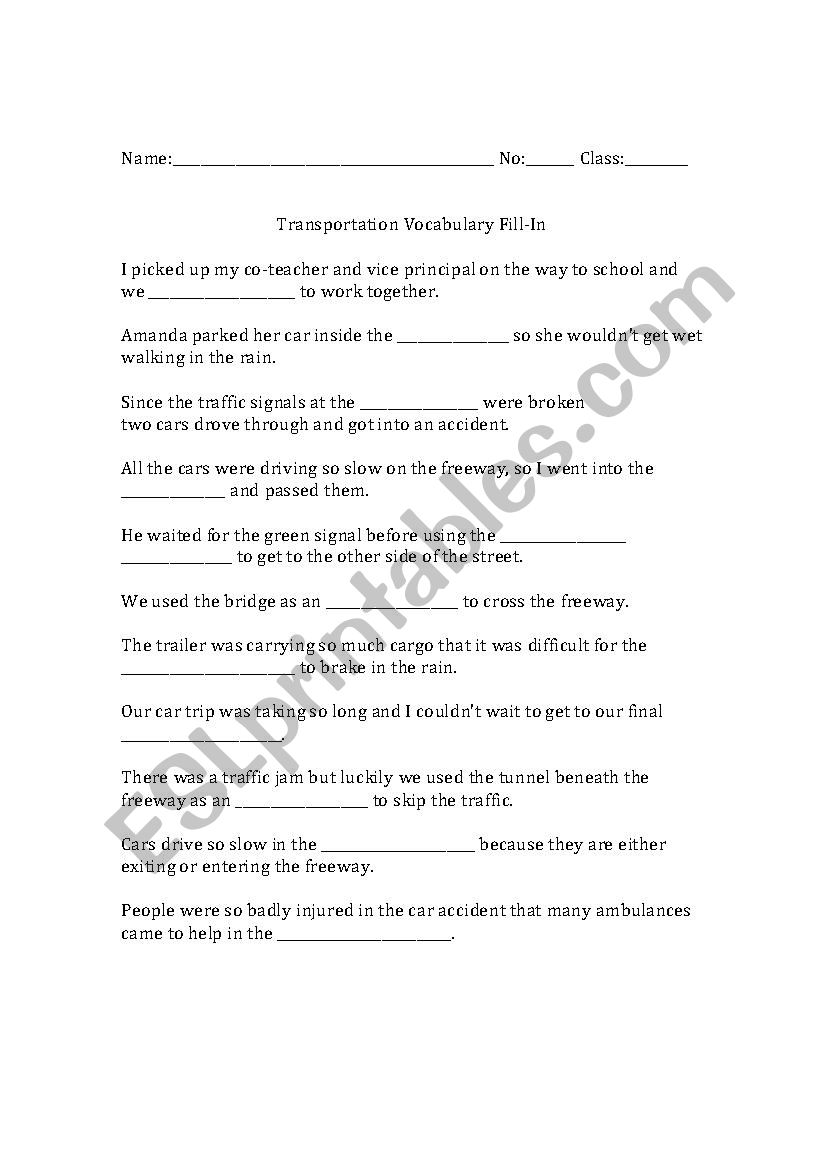 Transportation Vocabulary Fill-In Worksheet