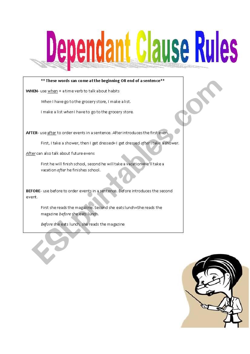 Dependent Clause Rules worksheet