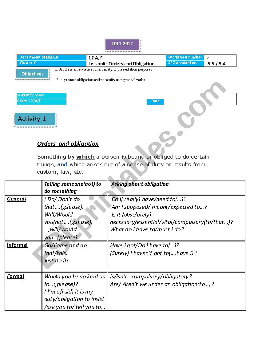 Orders and obligation worksheet