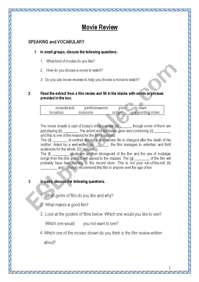 Task Based Movie Review worksheet