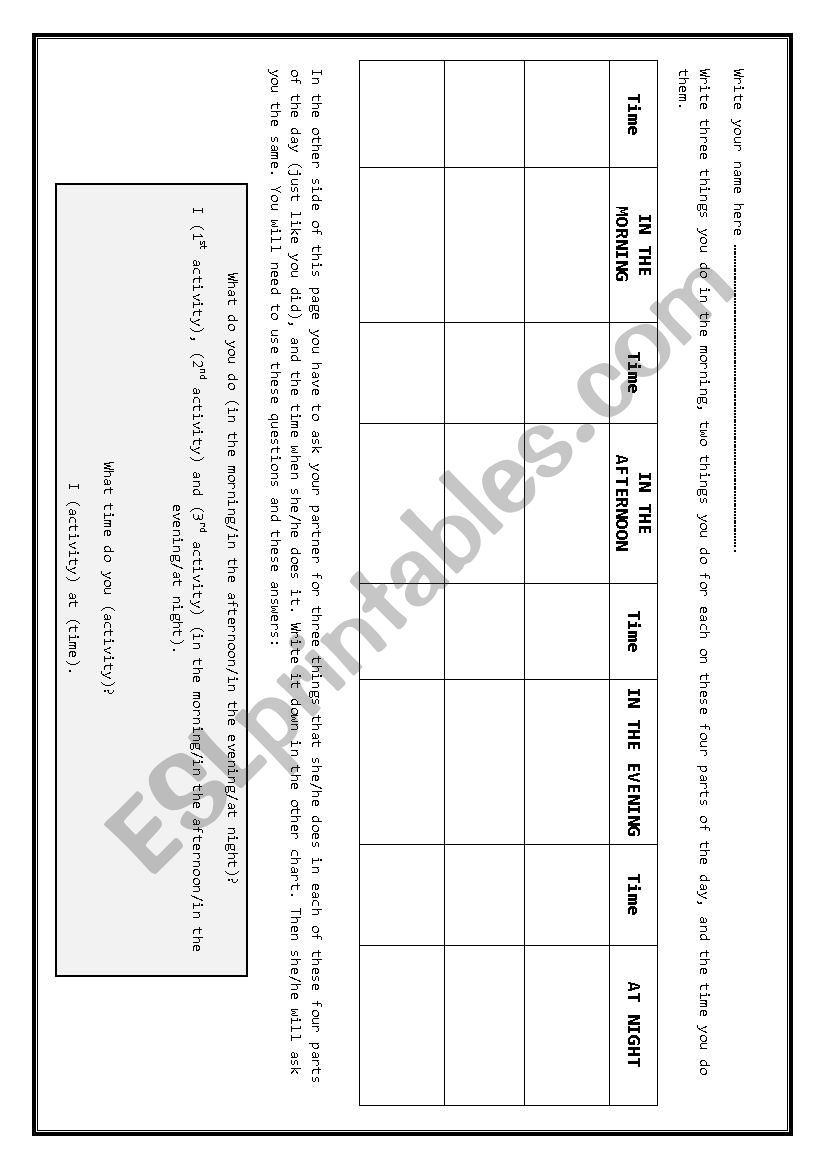routines and times worksheet