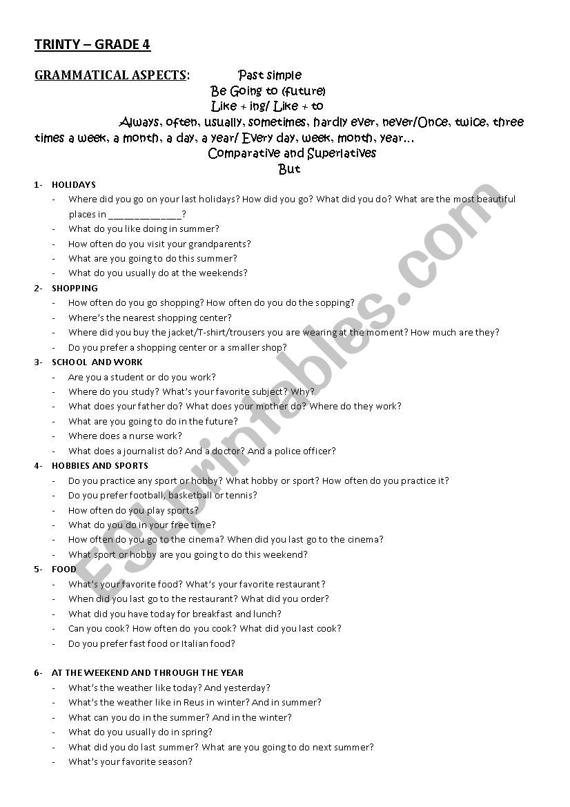 Trinity Grade 4: QUESTIONS worksheet