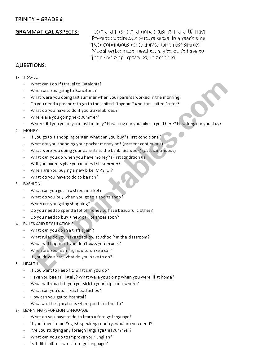 Trinity Grade 6: QUESTIONS worksheet