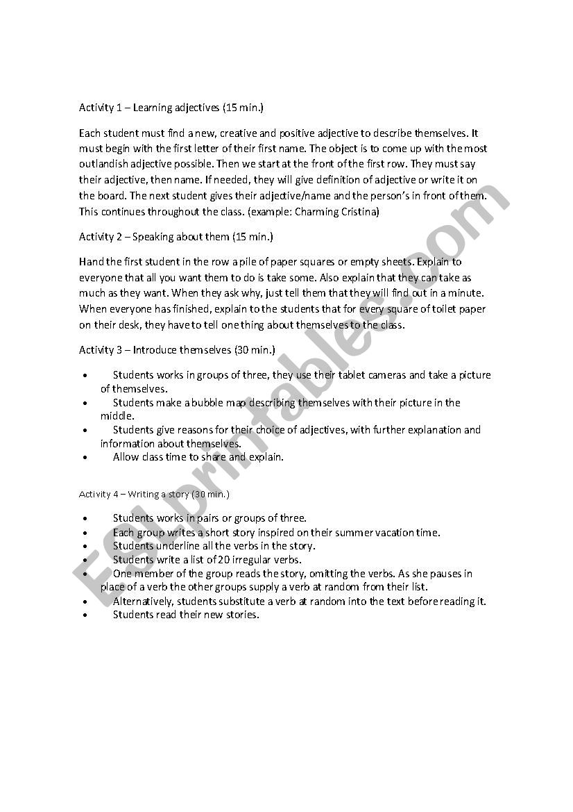 Group activities worksheet