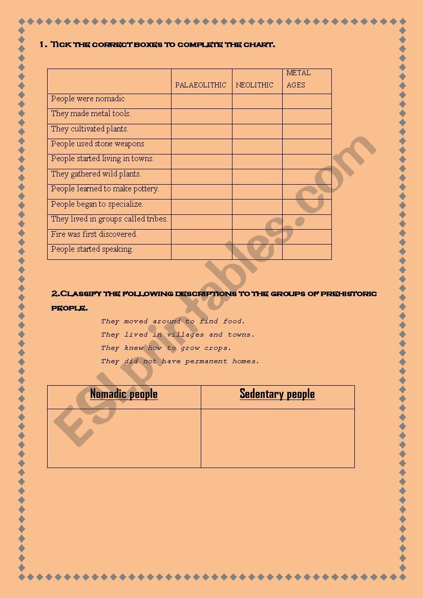 Prehistory activities worksheet