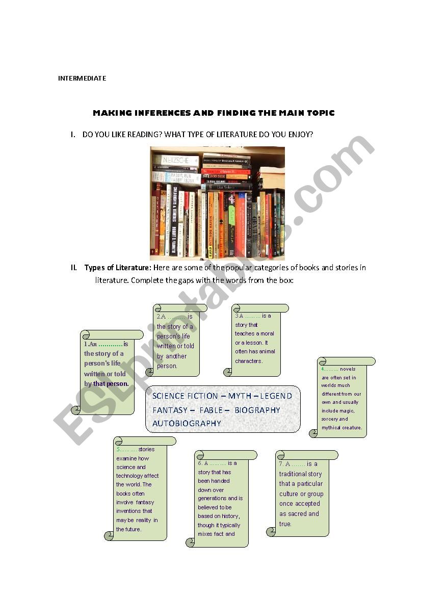  Reading about different types of literature and literature reviews. READING STRATEGIES (MAKING INFERENCES AND MAIN TOPIC)